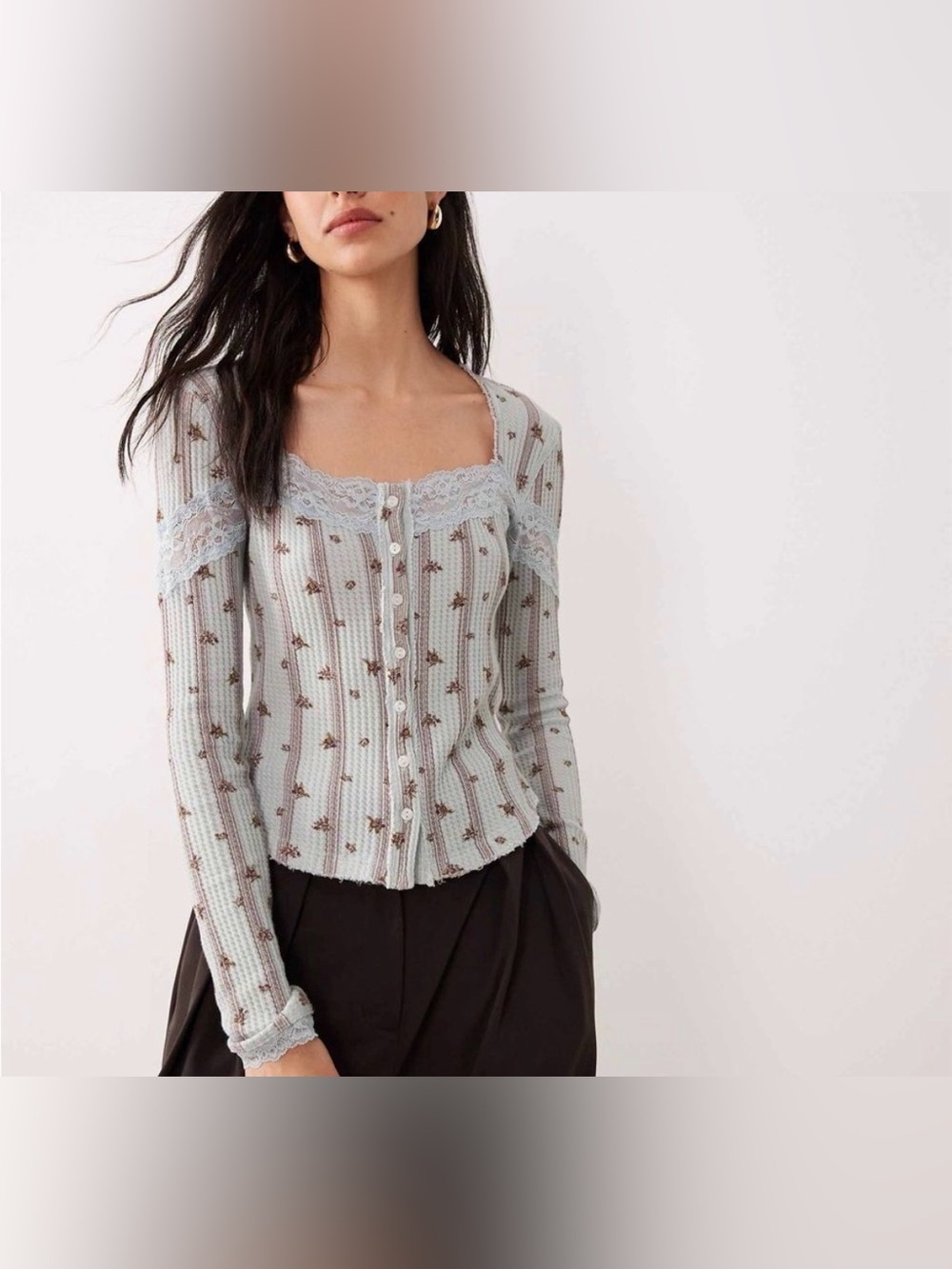 Free People let's party button down floral top large nwt blue